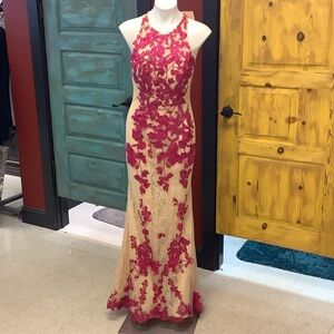 Terani Couture Pink and Cream Floral Gown